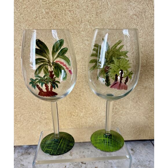Wine Glasses 8.5" Hand Painted Palm Trees Beach Coastal Lot 2 Bundle - Picture 1 of 7